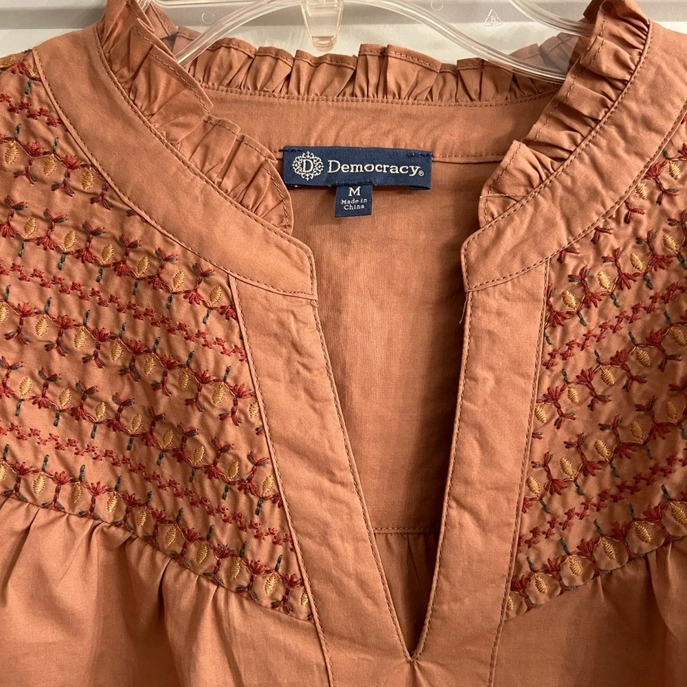 Democracy pouff sleeve embroidered ruffle neck blouse - Picture 3 of 6